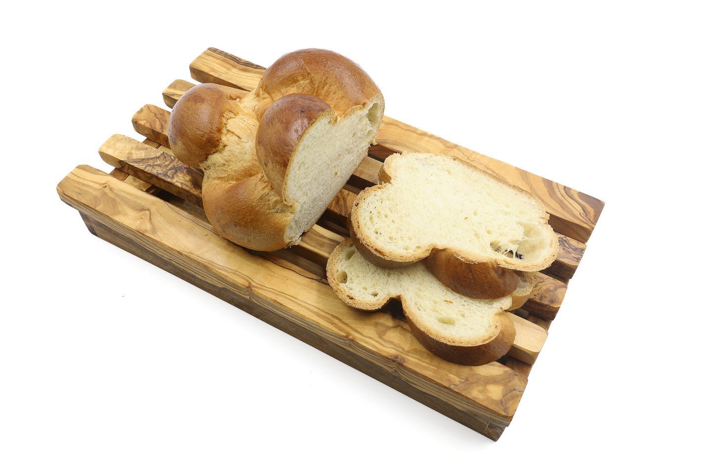 Rechteckiges Brotschneidebrett aus Olivenholz mit Krümelfänger