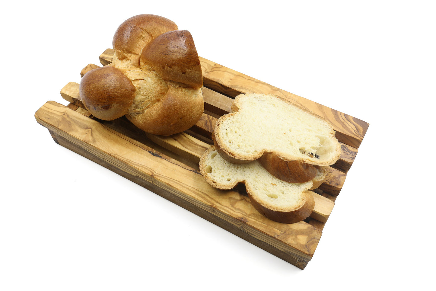 Rechteckiges Brotschneidebrett aus Olivenholz mit Krümelfänger