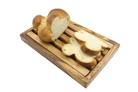 Rechteckiges Brotschneidebrett aus Olivenholz mit Krümelfänger