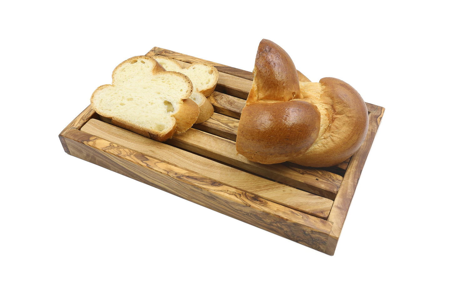 Rechteckiges Brotschneidebrett aus Olivenholz mit Krümelfänger