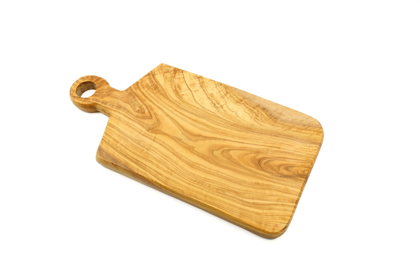 Rechteckiges Schneidebrett aus Olivenholz mit Ringgriff